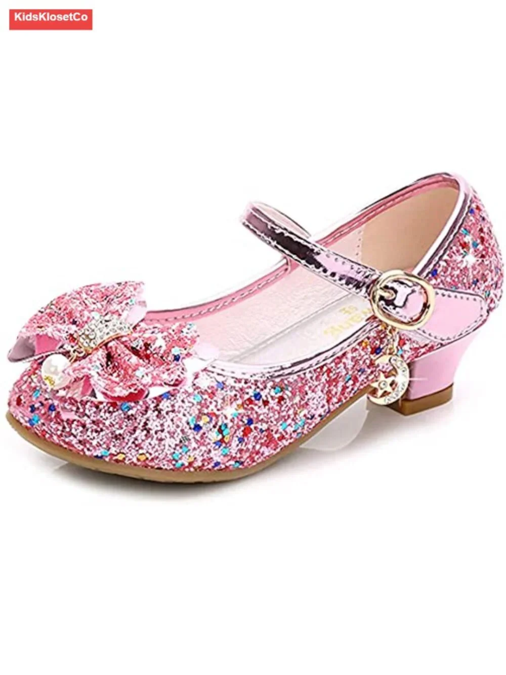 Glitter Princess Dress Shoes with Bow, Hook & Loop Closure, Memory Foam Insole
